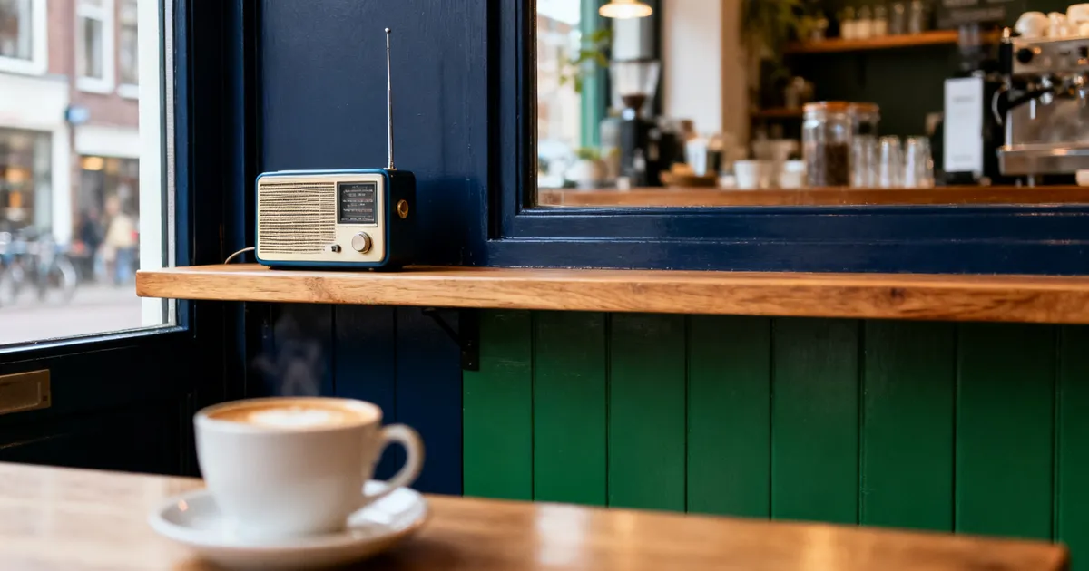 Een kleine ouderwetse radio op een houten plank in een gezellig café