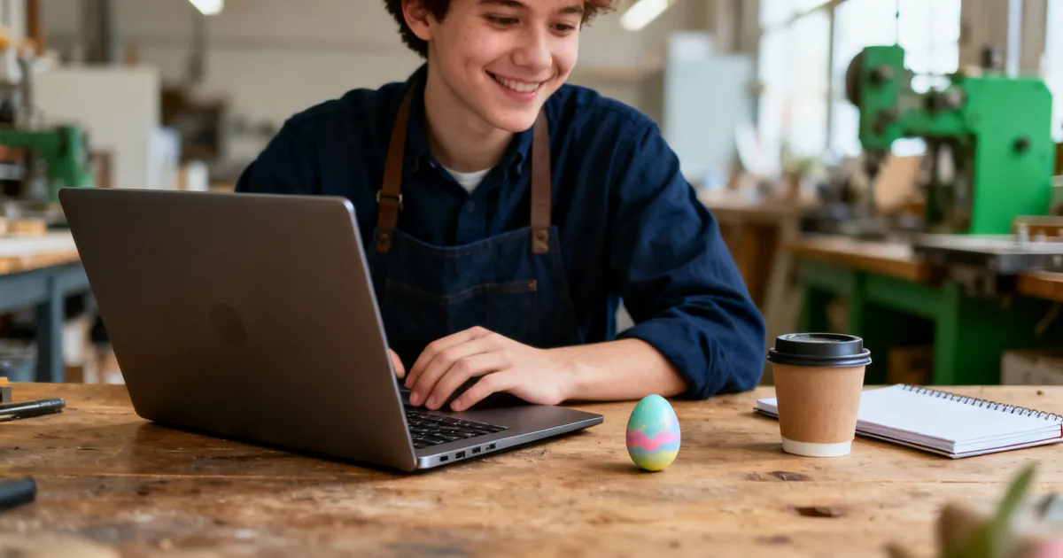 Ondernemer aan een bureau die lachend naar zijn laptop kijkt, met koffie en een notitieboek ernaast