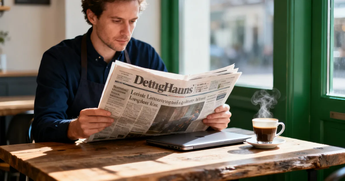 Ondernemer leest een krant aan een tafel in zijn winkel