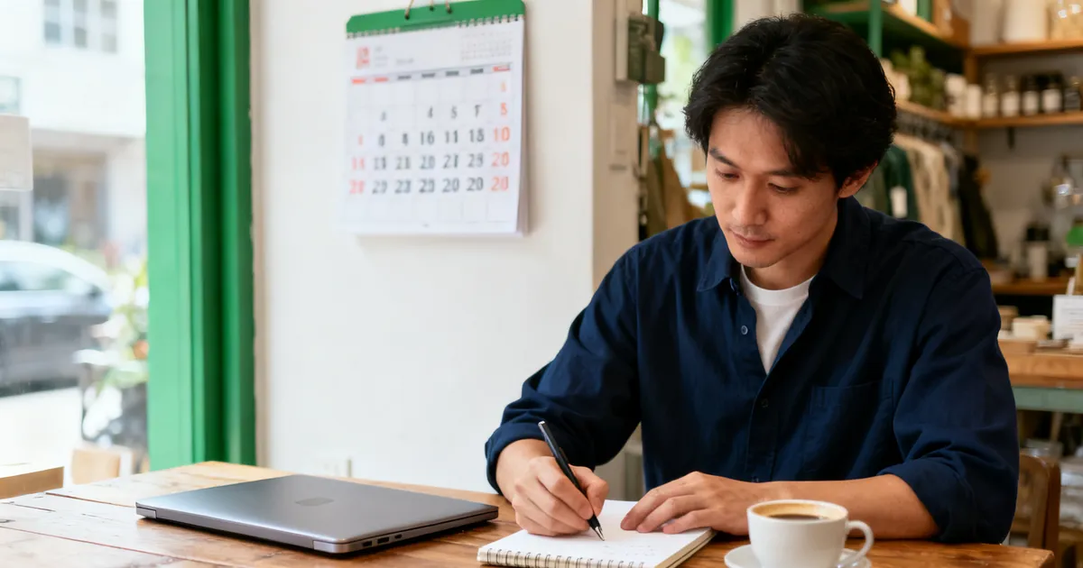 Ondernemer plant aan de keukentafel met laptop en notitieboek