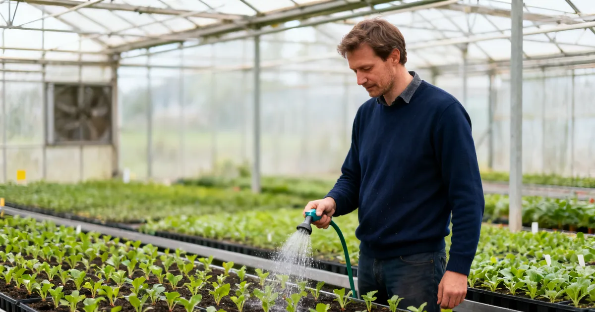 Ondernemer die jonge plantjes water geeft in een kas