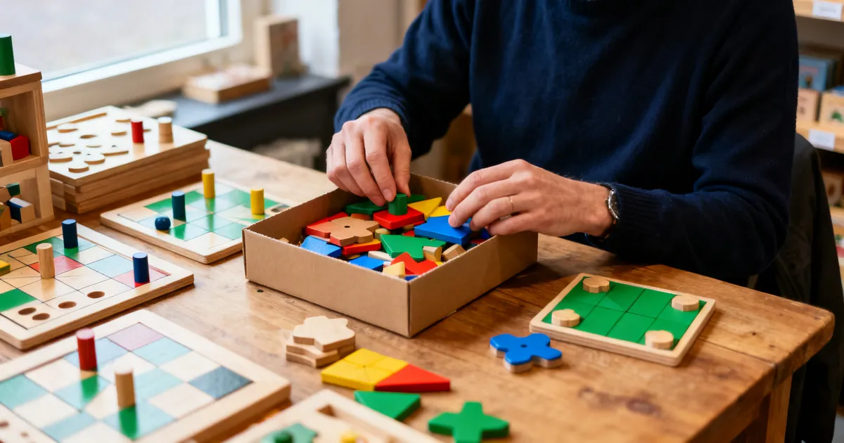 Ondernemer sorteert houten bordspellen en puzzels aan een tafel in een kleine winkel