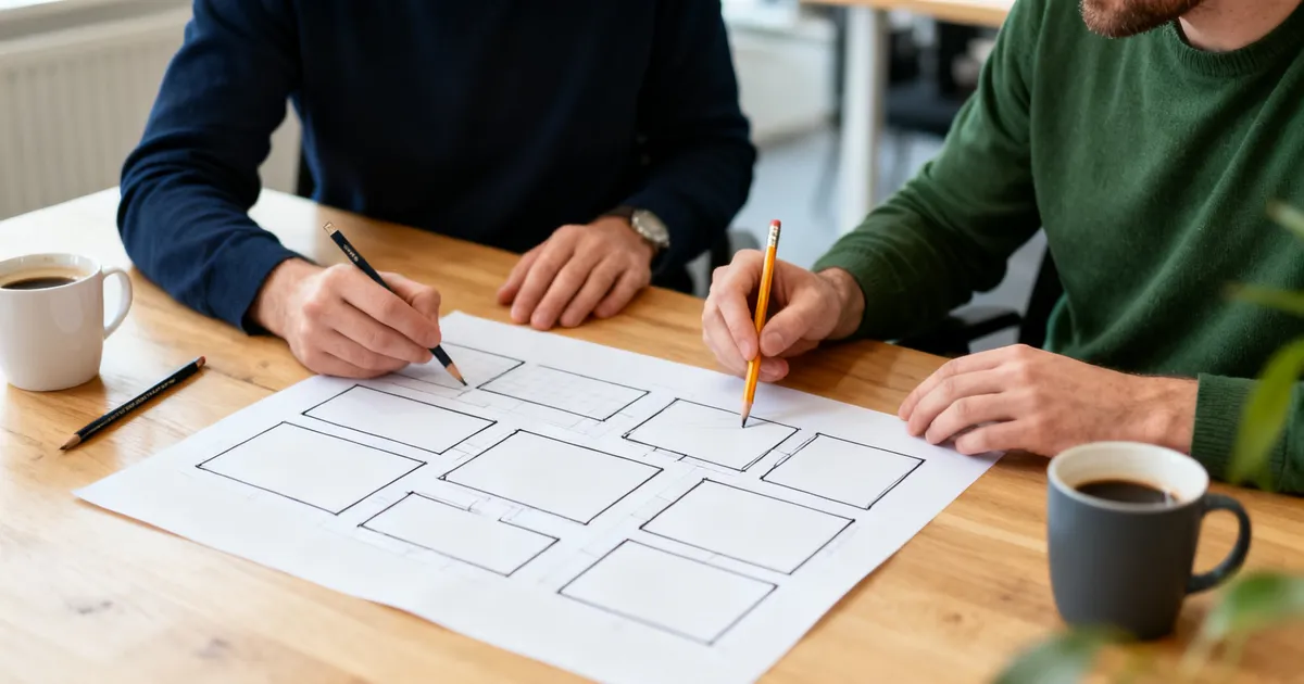 Ondernemer en webdesigner bespreken schetsen van een website aan tafel