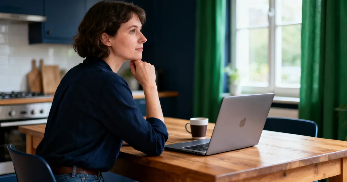 Ondernemer aan de keukentafel die nadenkt achter haar laptop