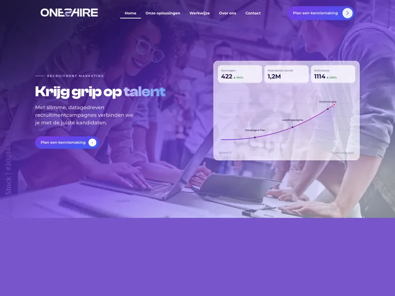 Homepage van one2hire in paars met de kop Krijg grip op talent