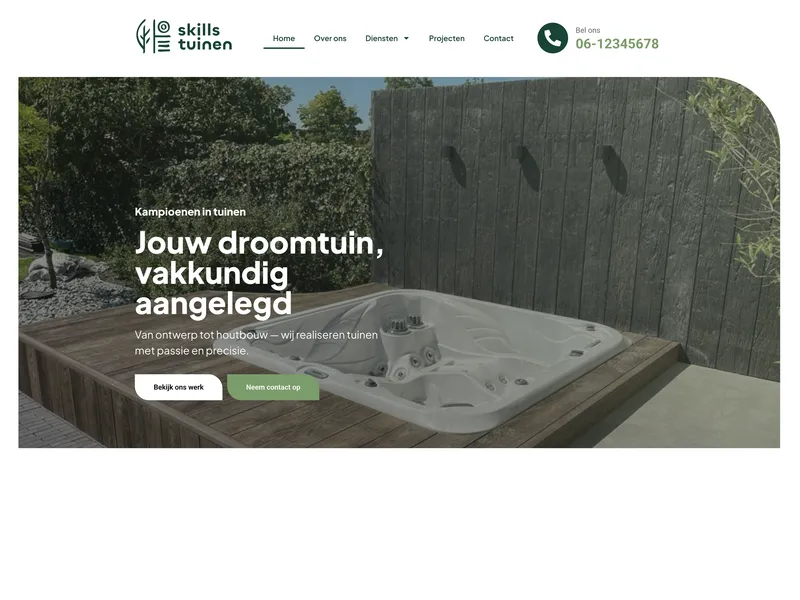 Homepage van Skills tuinen met een aangelegde tuin en de kop Jouw droomtuin, vakkundig aangelegd