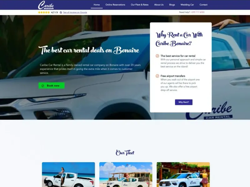 Homepage van Caribe Car Rental met witte huurauto's en de kop The best car rental deals on Bonaire