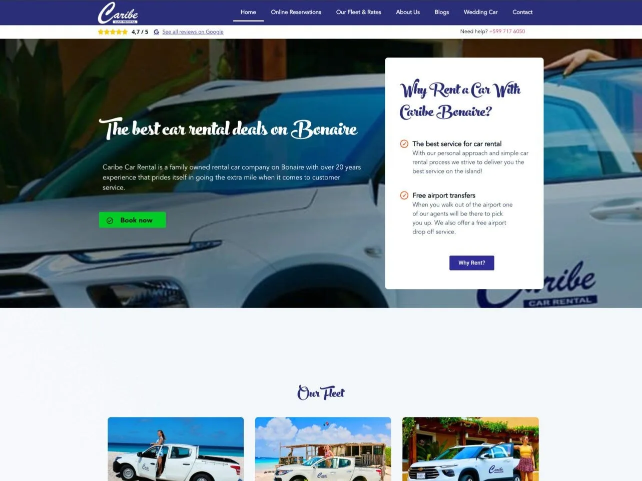 Homepage van Caribe Car Rental met witte huurauto's en de kop The best car rental deals on Bonaire
