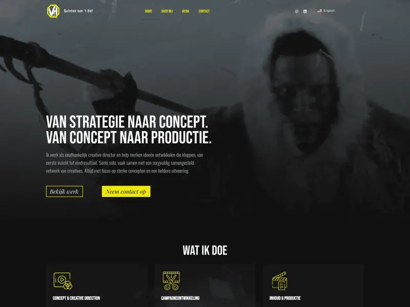 Homepage van Quinten van 't Hof met de kop Van strategie naar concept. Van concept naar productie.
