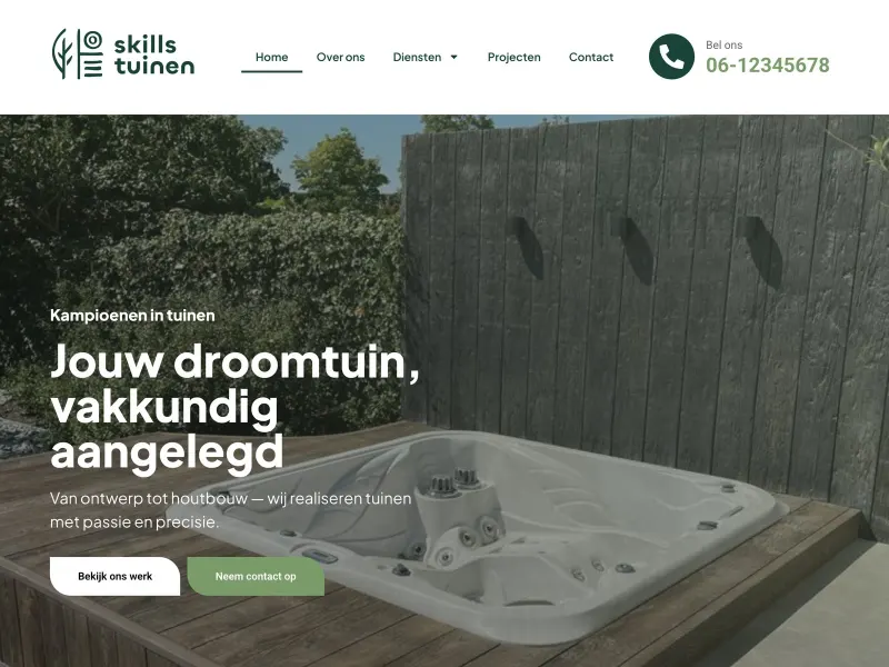 Homepage van Skills tuinen met een aangelegde tuin en de kop Jouw droomtuin, vakkundig aangelegd
