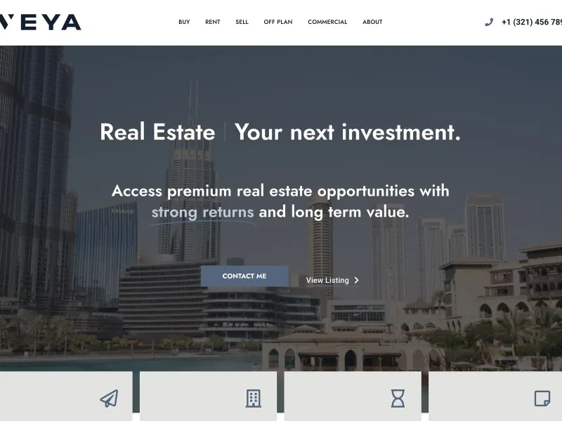 Homepage van Veya, vastgoed, met een skyline op de achtergrond